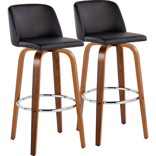 Toriano 30" Swivel Bar Stool in Walnut Wood & Black Leatherette with Chrome Footrest (Set of 2)